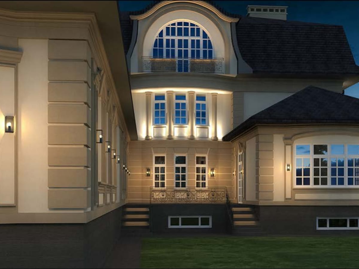 Rendu 3D de nuit d'une maison de campagne