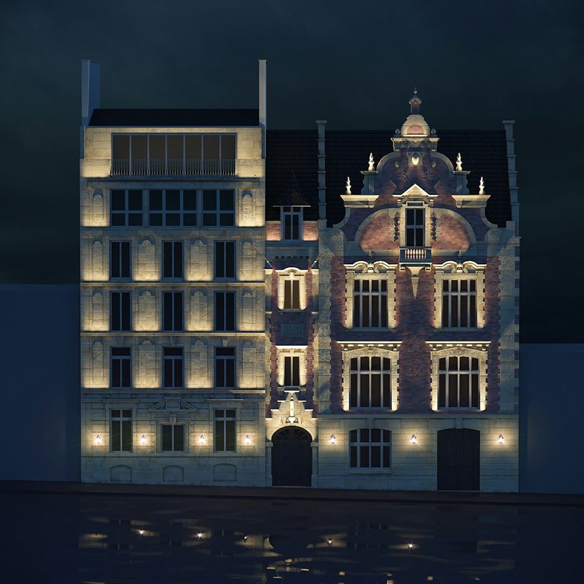 Rendu 3D de nuit de la façade